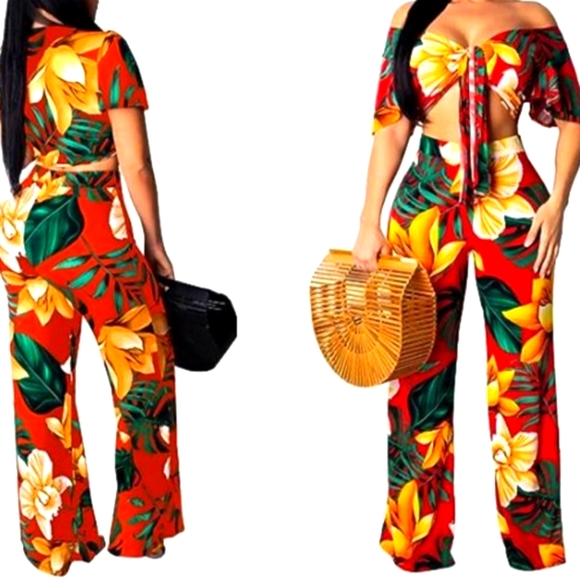 Women's 2PC Floral Off Shoulder Long Straight Pants Set - NIP - Picture 1 of 6